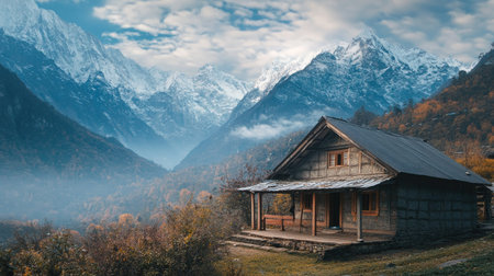 Traditional house with stunning mountain views, leaving space for textの素材