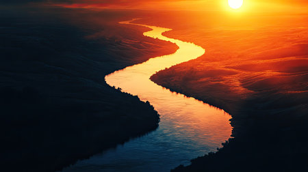 Sunset over a winding river with glowing reflections and copy space.の素材