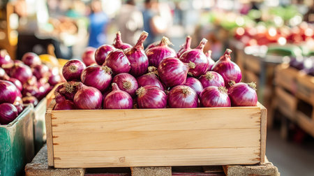 Wooden box containing red onions, set on a table with a vibrant market in the background, perfect for organic produce ads with copy spaceの素材