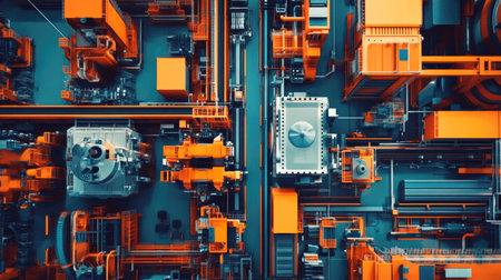 A flat lay of a robotic automation system in a factory, with ample copy space.の素材