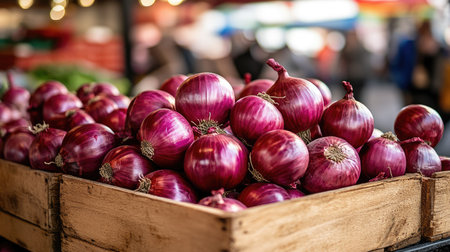 Wooden box filled with red onions, placed on a table against a lively market background, with ample space for copy or brandingの素材