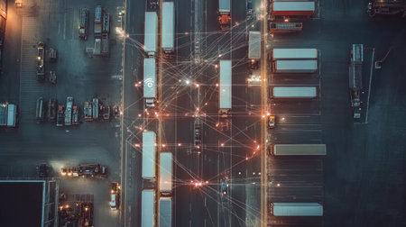 A flat lay of a smart logistics network with digital tracking, with copy space available.の素材