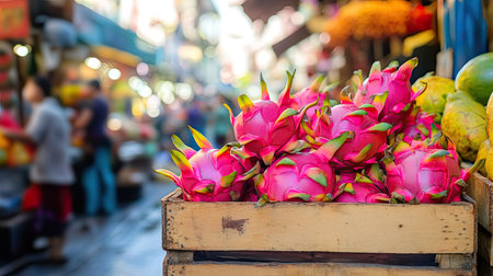 A wooden box containing fresh dragon fruit on a table with a lively market scene in the background. The contrast between the bright fruit and the busy market adds visual interest.の素材
