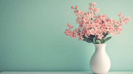 Pink flowers in a white vase on a table, set against pastel green walls, creating a soft and elegant scene with ample copy spaceの素材