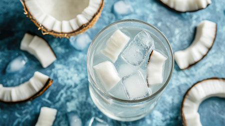Top view of a glass of chilled coconut water with coconut slices and ice cubes. Copy space available.の素材