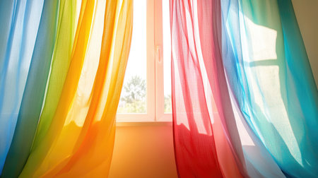 Brightly colored curtains framing a sunlit window. Top view with copy space availableの素材