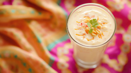 Top view of a glass of refreshing jalebi rabri on a colorful traditional background. Copy space available.の素材