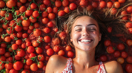 Content woman lying on the ground covered in tomatoes at La Tomatina festival, with a playful smile and tomatoes scattered around.の素材
