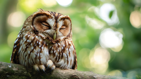 Fluffy owl with distinctive brown and white feathers, resting on a branch, offering a peaceful scene with room for copyの素材