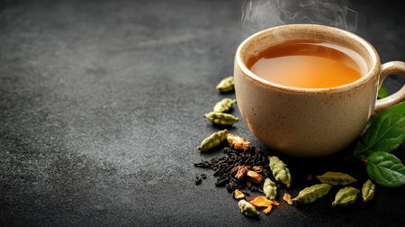 A steaming cup of elaichi chai with cardamom pods and tea leaves scattered around. Copy space. -の素材