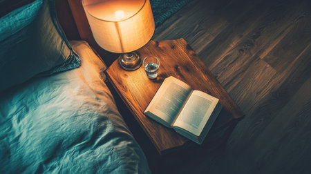 Bedroom bedside table with a lamp, water glass, and book. Top view with copy spaceの素材