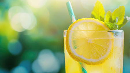 A close-up of nimbu pani (lemonade) with a straw and mint garnish on a summer-themed background. Copy space.の素材