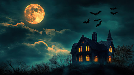 Haunted house with glowing windows under a full moon, bats silhouetted against the night sky, perfect for spooky themes, copy space availableの素材