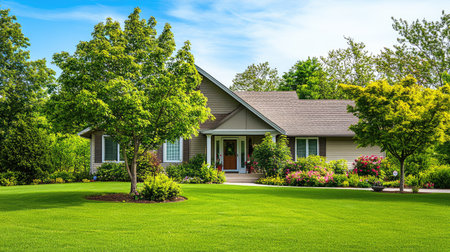 Front view of a popular house with a tree and a lawn, offering a peaceful setting with copy spaceの素材