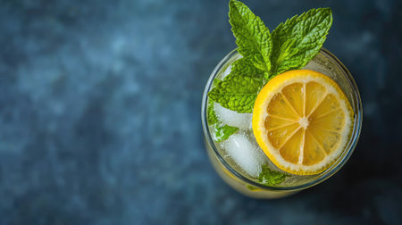 Top view of a glass of shikanji (spiced lemonade) with a slice of lemon and mint garnish. Copy space. -の素材