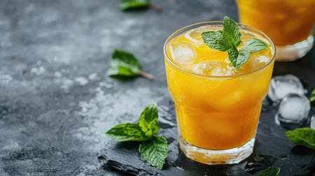 A glass of refreshing aam panna with mint leaves and ice cubes on a traditional background. Copy space.の素材