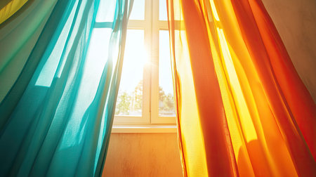 Brightly colored curtains framing a sunlit window. Top view with copy space availableの素材