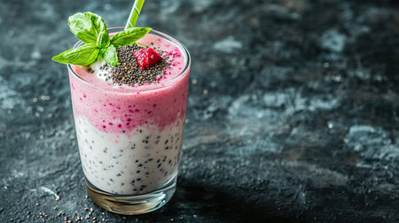 Chilled glass of falooda with basil seeds, rose syrup, and vermicelli on a textured background. Copy space.の素材