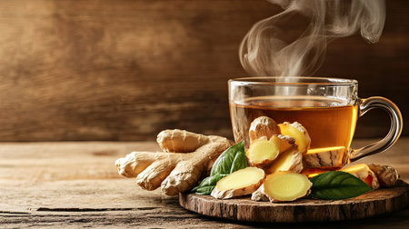 A steaming cup of ginger tea with fresh ginger slices and tea leaves on a rustic background. Copy space.の素材