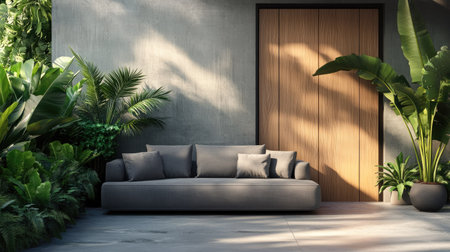 Contemporary gray sofa in front of a minimalist house, featuring sleek wooden doors and surrounded by neatly arranged green plants.の素材