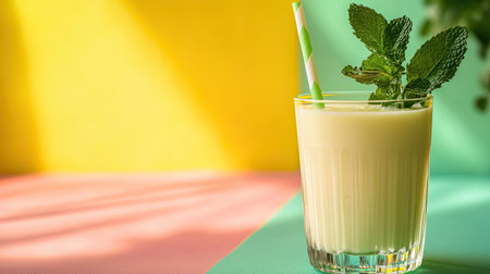 A glass of refreshing mint lassi with mint leaves and a straw on a colorful background. Copy space.の素材