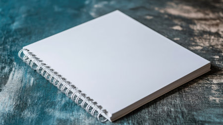 Minimalist setup with a white spiral notebook on a sleek table, perfect for creative projects with ample space for textの素材