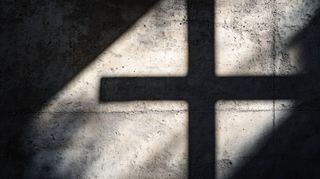 Close-up of a cross pattern created by shadows on a textured cement wall. The contrast between light and dark emphasizes the simplicity and depth of the shadow play.の素材
