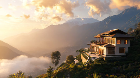 South Asian mountain home at sunrise, with ample room for copy.の素材