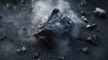 Coal in a raw, unrefined state, with dust and small fragments surrounding a large chunk. No people, copy spaceの素材