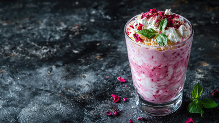 Chilled glass of falooda with basil seeds, rose syrup, and vermicelli on a textured background. Copy space.の素材