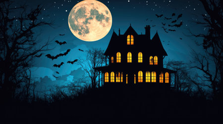 Haunted house with glowing windows under a full moon, bats silhouetted against the night sky, perfect for spooky themes, copy space availableの素材