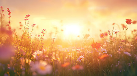 Soft, warm sunset over a field of wildflowers, leaving room for copy.の素材