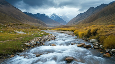 Babbling brook in a South Asian valley, leaving space for text.の素材