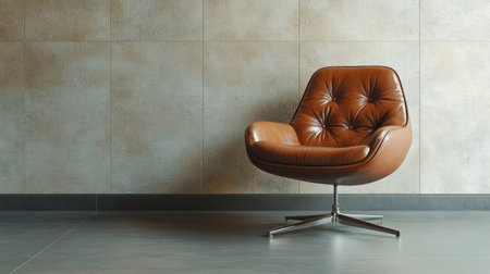 Modern brown leather chair on an office floor, minimalist wall in the background, perfect for a professional setting with copy spaceの素材