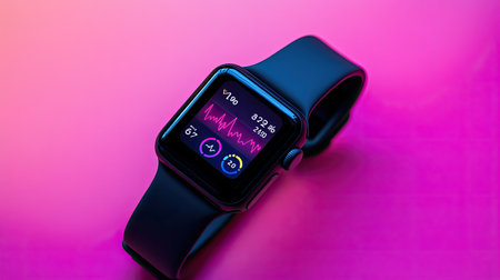 A flat lay of a smartwatch displaying health metrics, with copy space available.の素材
