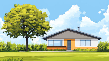 Single-story house with a lawn and tree, with space for text, suitable for various content needsの素材