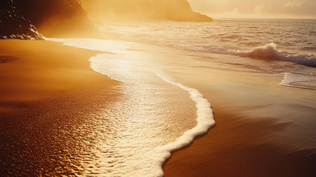 Golden morning sunlight on a quiet beach, leaving room for copy.の素材