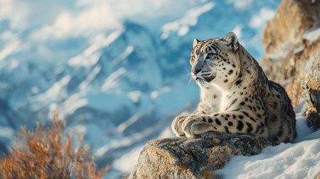 Snow leopard in the Himalayan mountains, with ample copy space.の素材