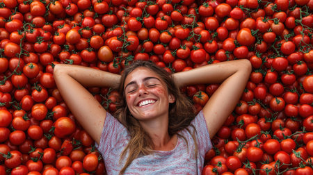 La Tomatina festival scene with a cheerful woman napping among a pile of tomatoes, her smile contrasting with the tomato-covered ground.の素材
