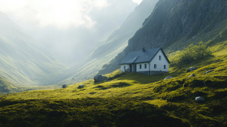Isolated house in a mountain landscape, perfect for copy space.の素材