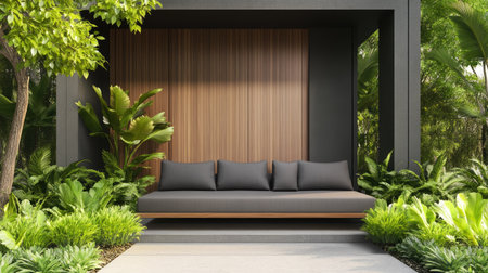 Modern gray sofa positioned in front of a minimalist house with sleek wooden doors and surrounded by lush green plants.の素材