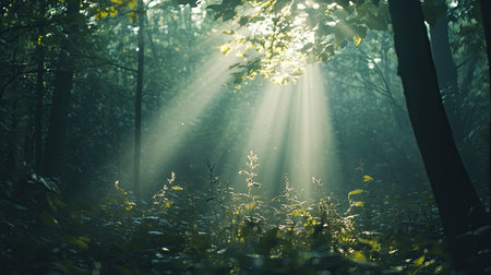 Sunlight streaming through a dense forest in the morning, perfect for copy space.の素材