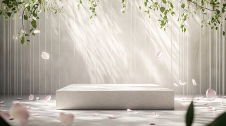Natural stone podium with a sleek platform for product advertising, surrounded by floating flower petals and a serene background.の素材