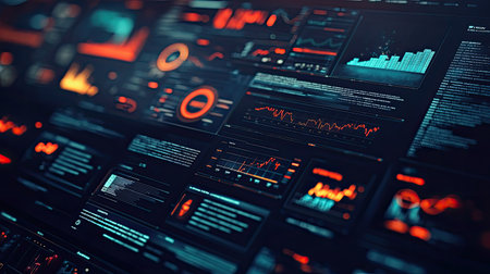 A flat lay of a digital supply chain management dashboard, with ample copy spaceの素材