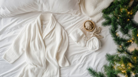 Stylish women pajamas on a cozy bed, top view, with ample copy space availableの素材