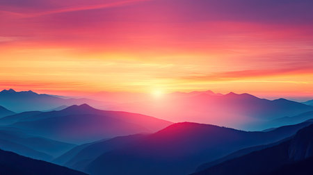 Vibrant sunset over a serene mountain landscape, with room for copy.の素材
