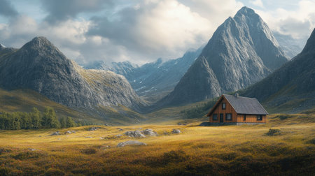 Remote house with a backdrop of towering mountains, leaving space for copy.の素材