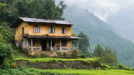 Traditional South Asian house high in the mountains, with ample copy space.の素材