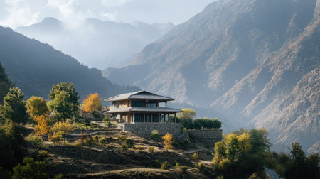 Secluded house nestled in the South Asian mountains, with ample copy space.の素材