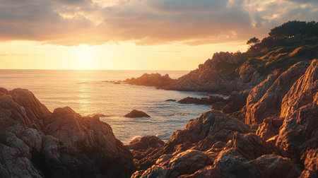 Stunning sunset over a rocky coastline, with space for text.の素材